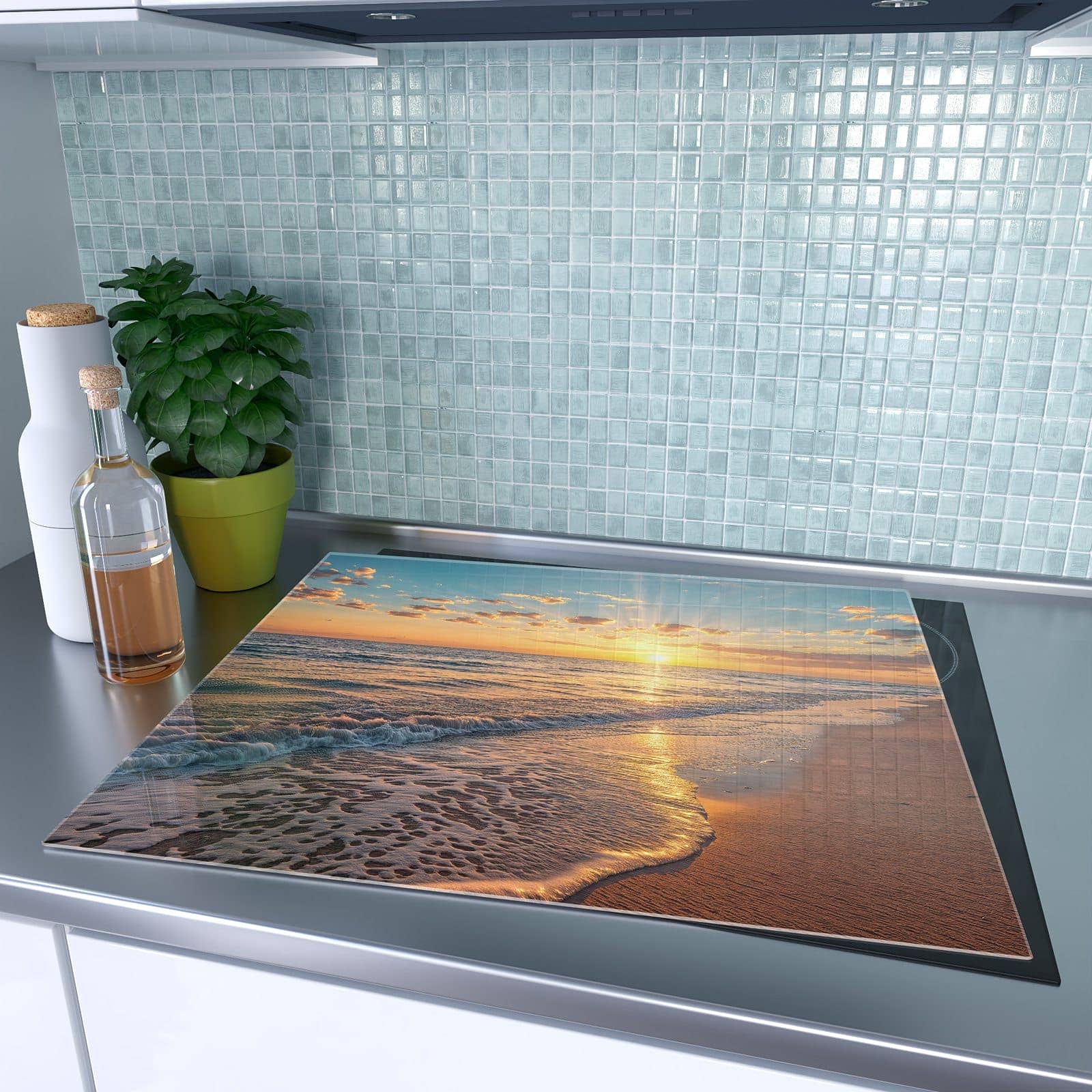 1-teilige Herdabdeckung aus Holz mit Sonnenaufgang Meer-Motiv auf dem Ceranfeld