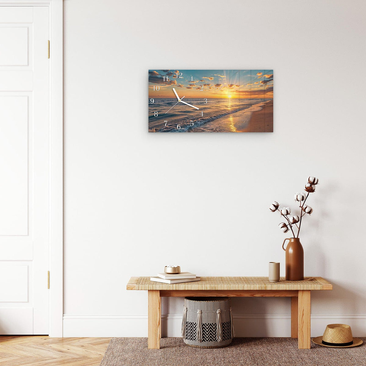 Moderne Wanduhr aus Glas mit Farbtiefe – Wanduhr Sonnenaufgang Meer aus Glas – Querformat 60 × 30 cm