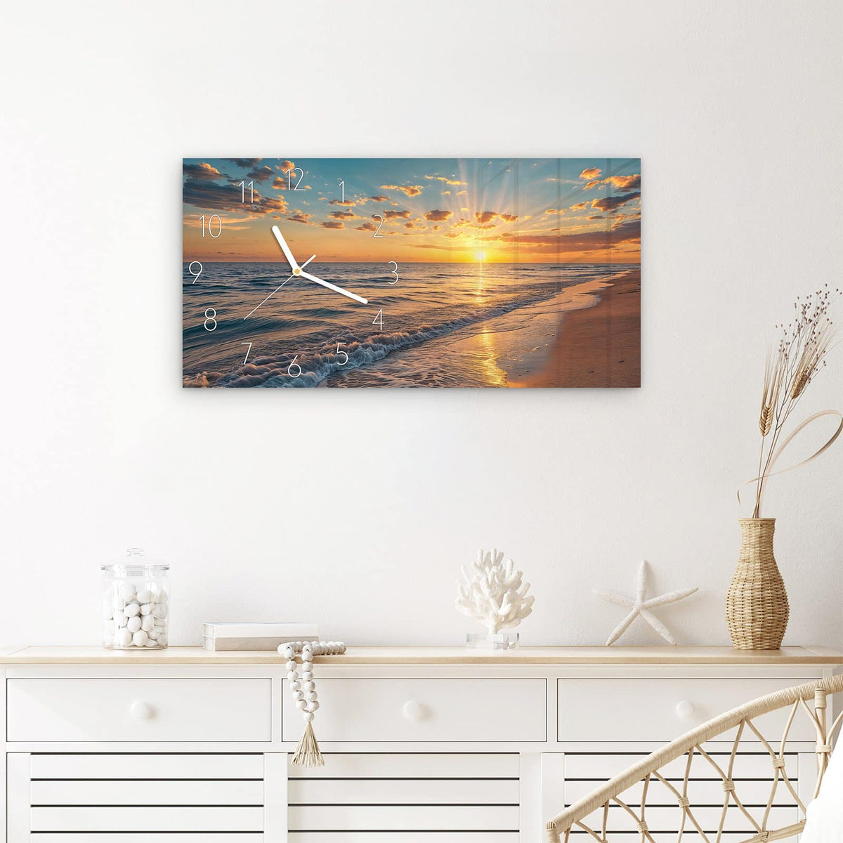 Wanduhr Sonnenaufgang Meer aus Glas – Querformat 60 × 30 cm – Orange Horizont über goldenem Sandstrand