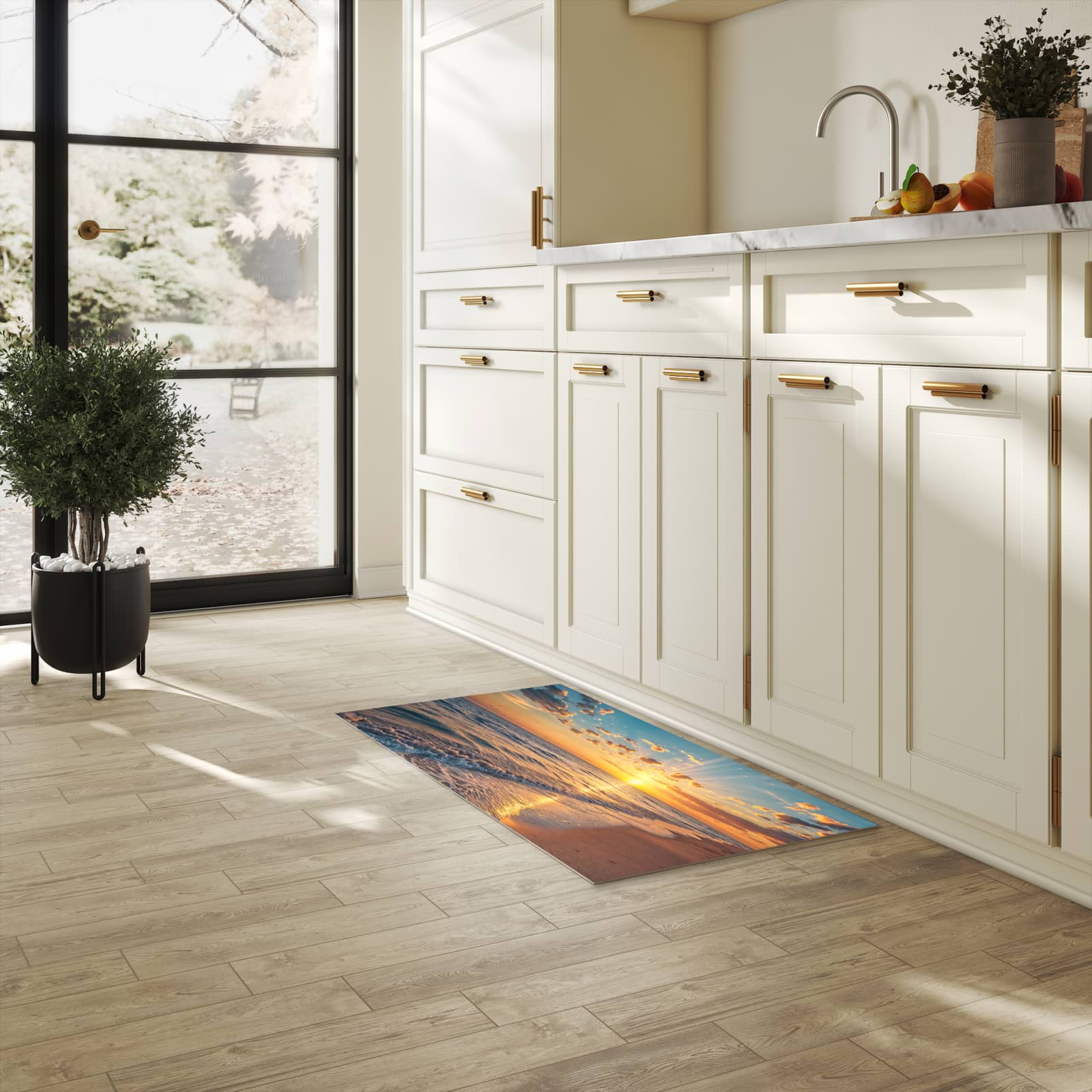 Strapazierfähiger Küchenteppich mit Motiv Sonnenaufgang Meer in heller Küche