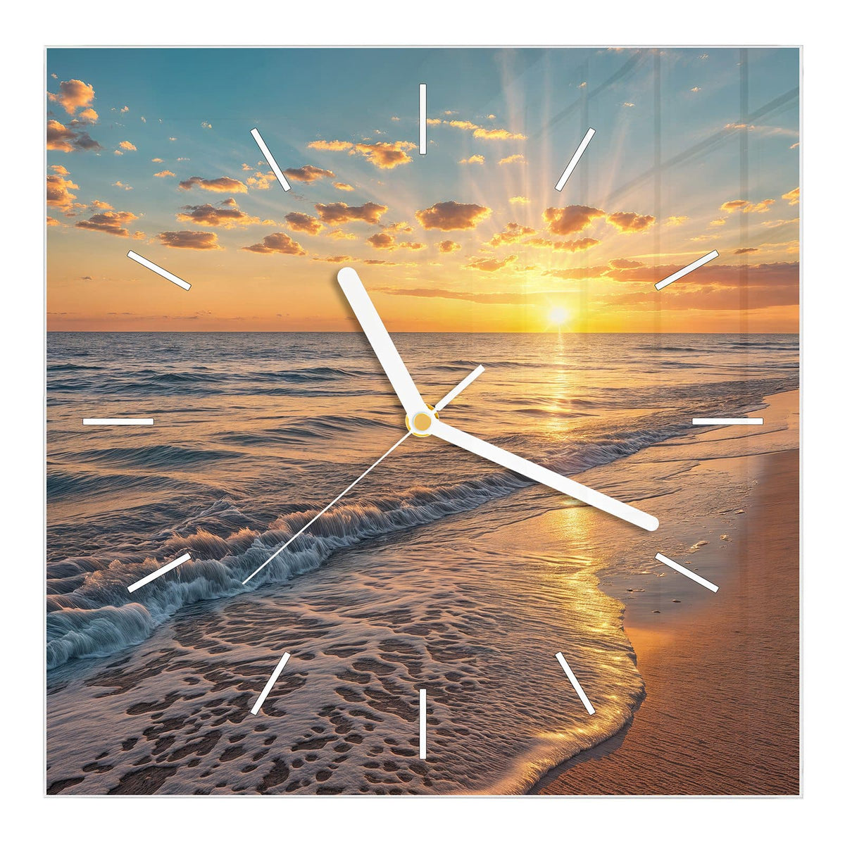 Wanduhr aus Glas, Ziffernblatt Linie mit Motiv Abendsonne am Strand: Tiefstehende Sonne mit kräftigen Strahlen über dem Meer