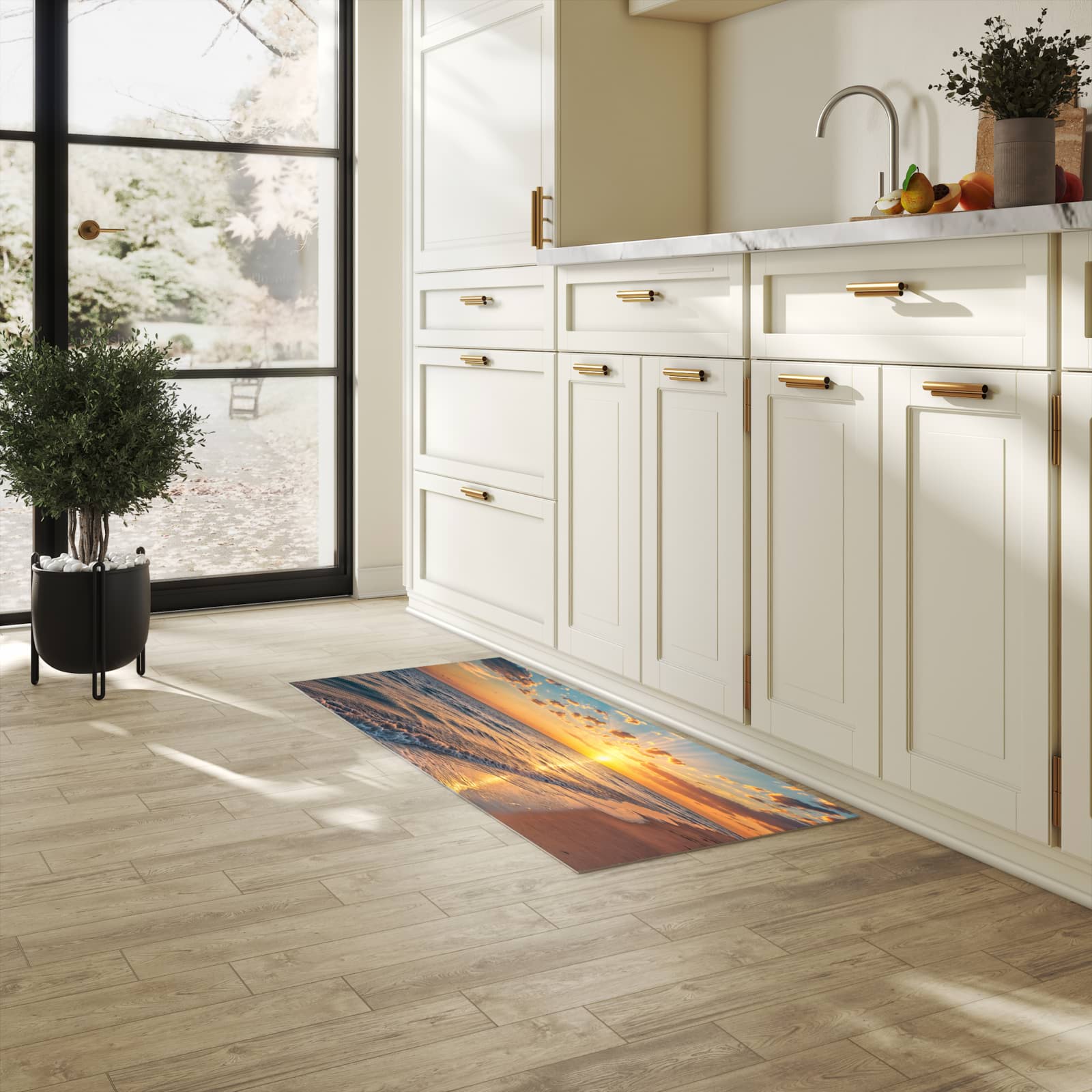 Waschbarer Küchenteppich mit Motiv Sonnenaufgang Meer in heller Küche