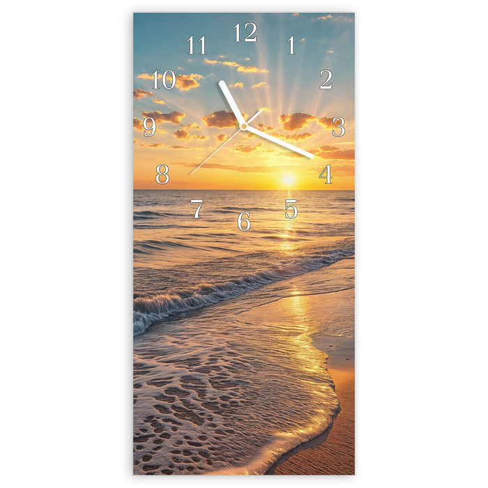 Wanduhr Sonnenaufgang Meer aus Glas – Hochformat 30 × 60 cm mit Ziffernblatt Klassisch