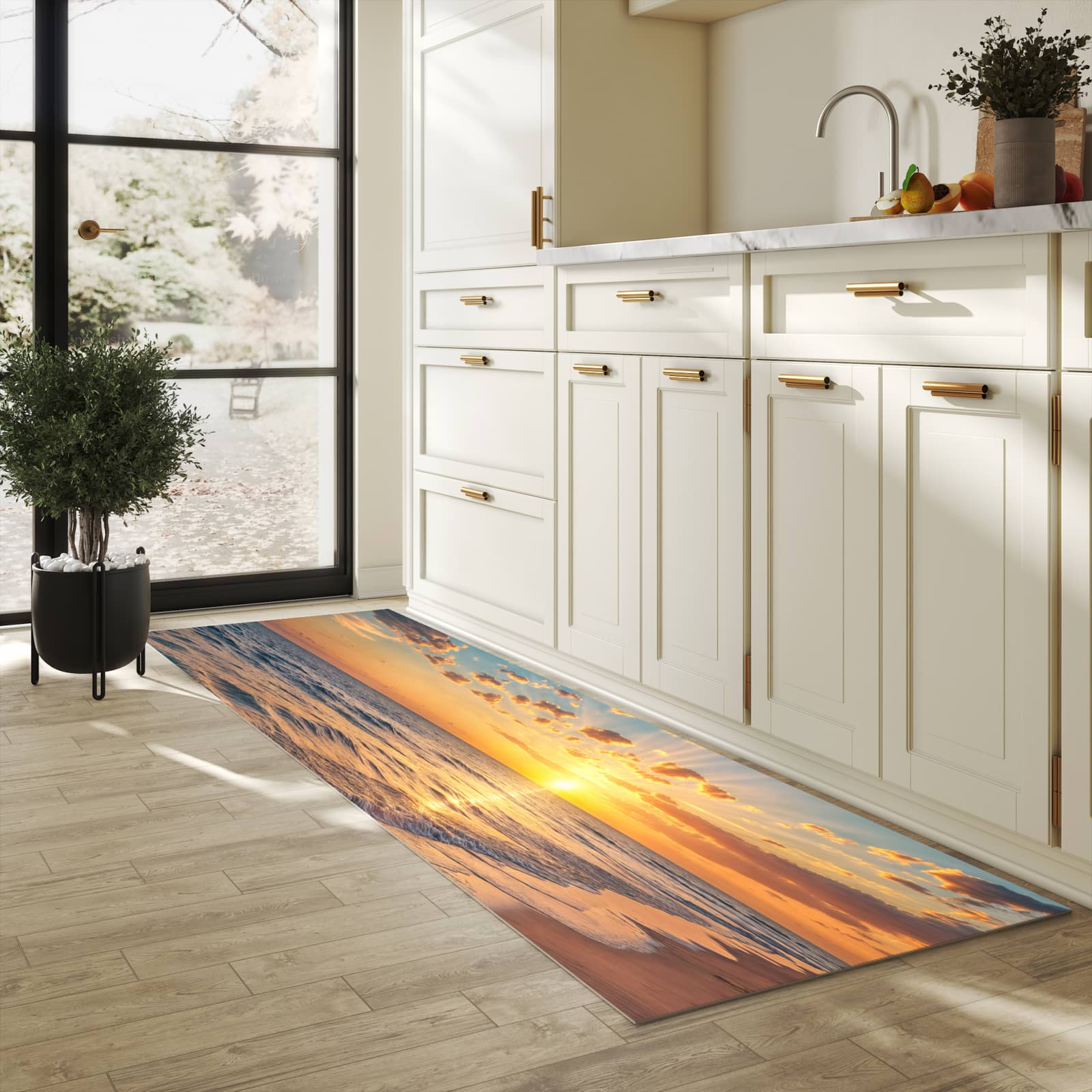 Formstabiler Küchenläufer mit Motiv Sonnenaufgang Meer in heller Küche