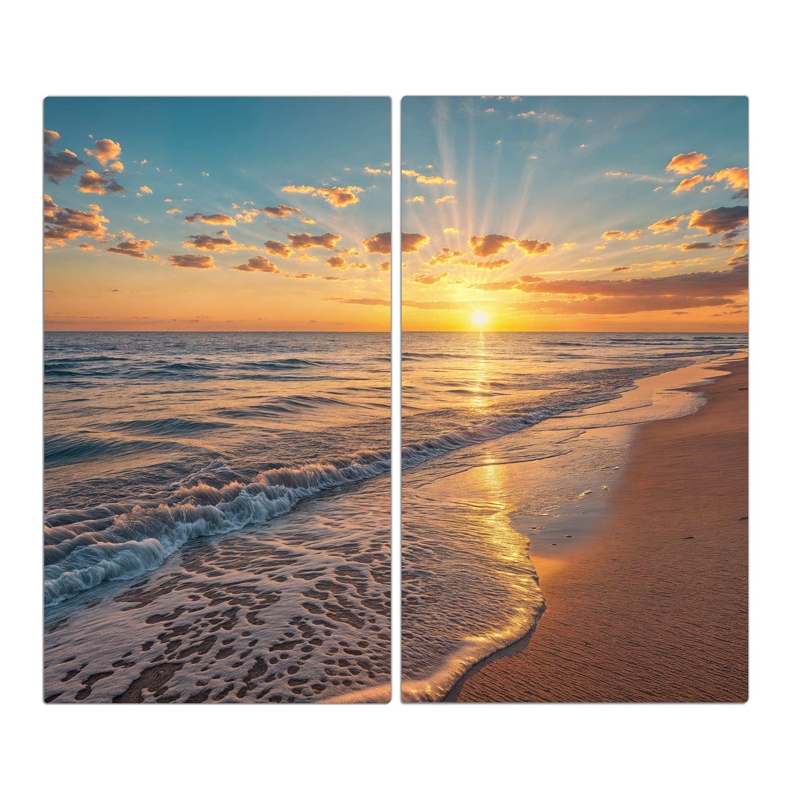 2-teilige Ceranfeldabdeckungen mit Sonnenaufgang Meer-Motiv in der Frontansicht #grösse_2-Teilig (60x52cm)