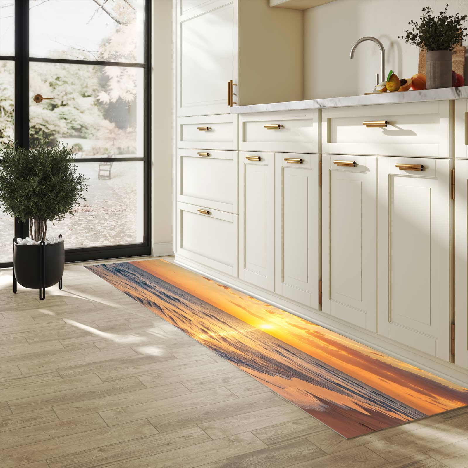 Bodenschonender Küchenteppich mit Motiv Sonnenaufgang Meer in heller Küche