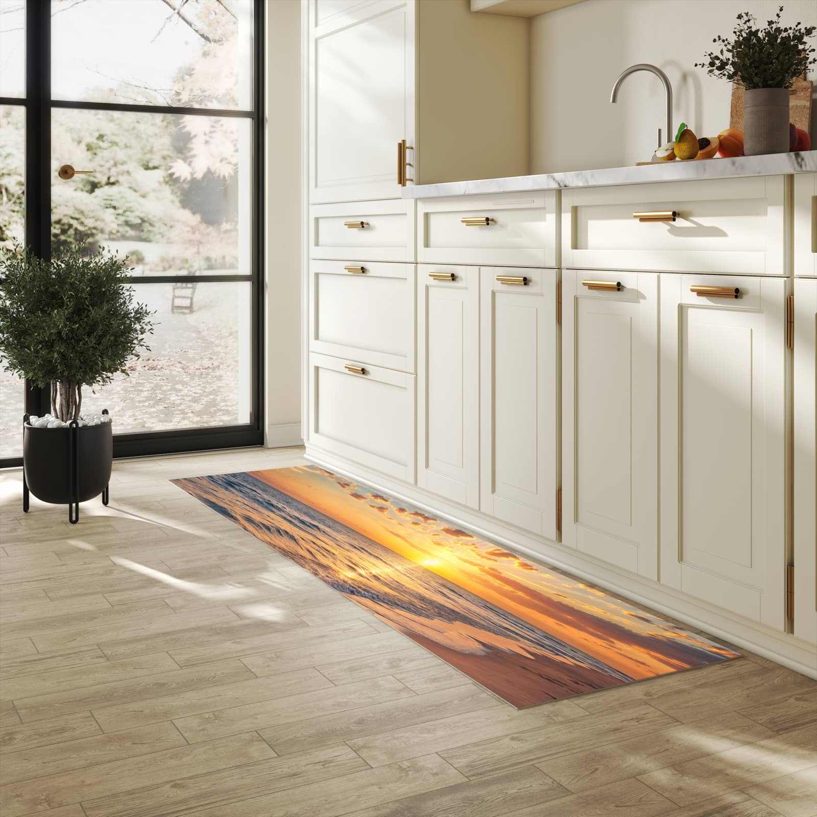 Rutschfester Küchenteppich mit Motiv Sonnenaufgang Meer in heller Küche