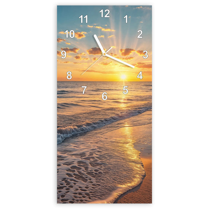 Wanduhr Sonnenaufgang Meer aus Glas – Hochformat 30 × 60 cm mit Ziffernblatt Modern