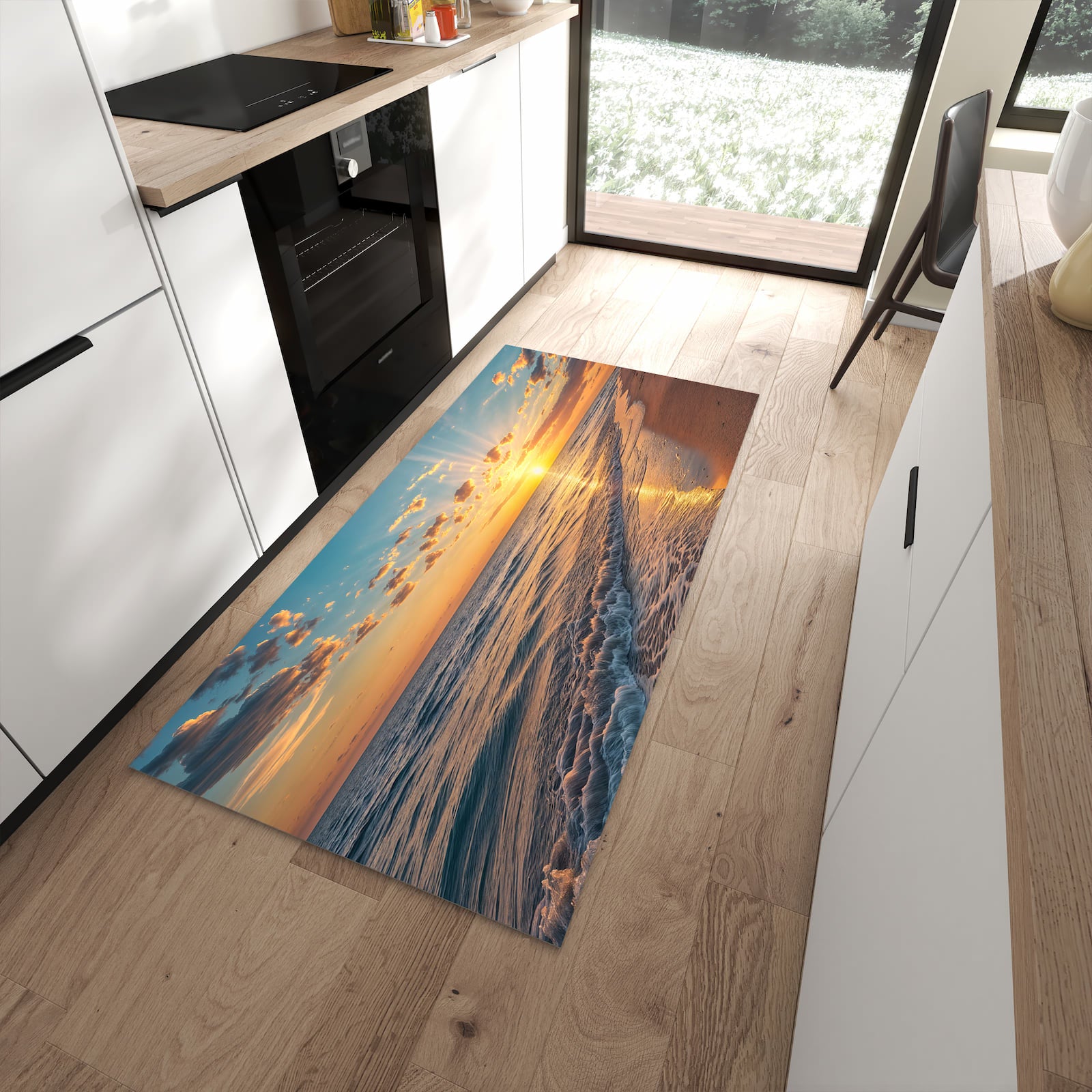 Rutschfester Küchenläufer mit Motiv Sonnenaufgang Meer in moderner Küche