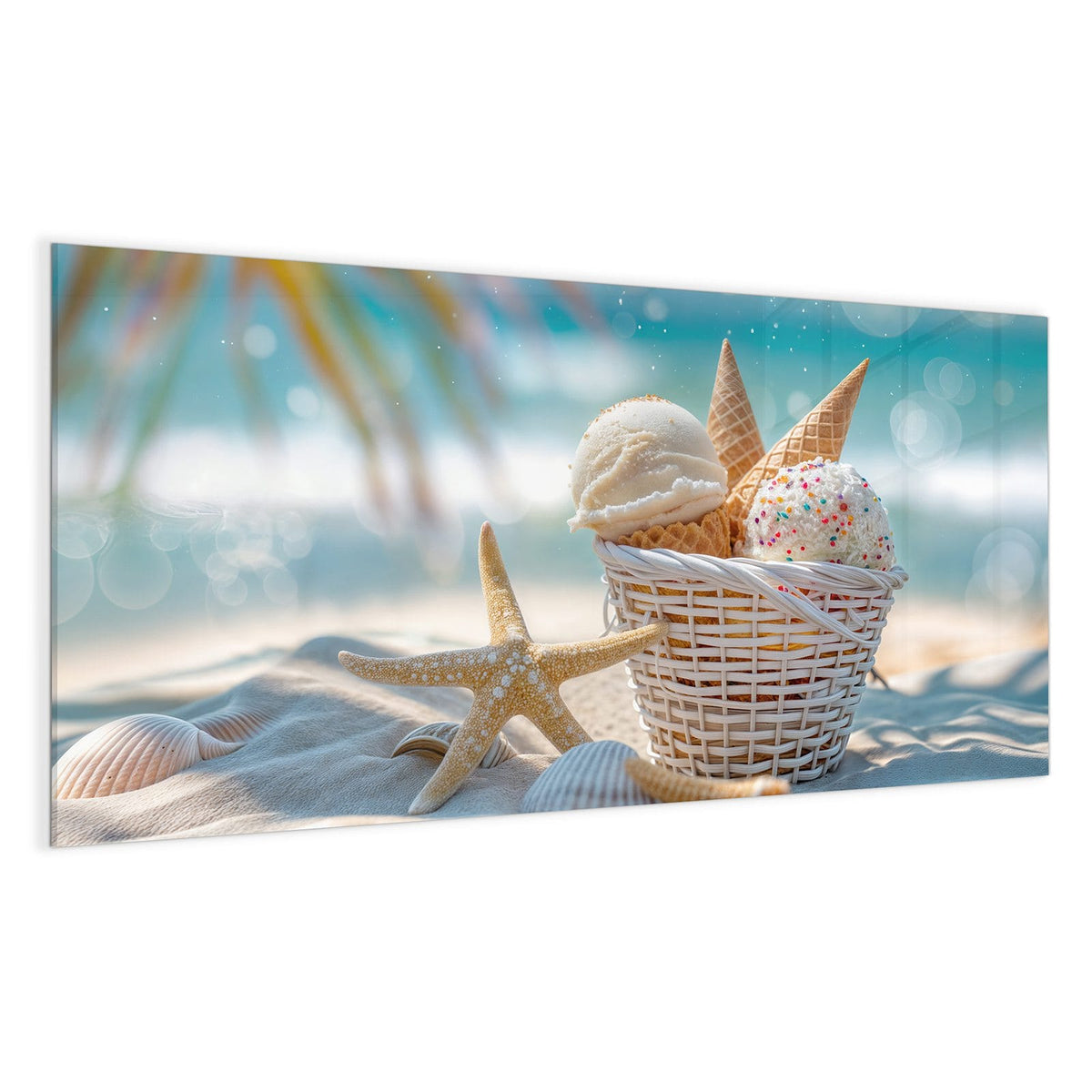 Zwei Eiskugeln mit Waffeln in einem weißen Körbchen im Sand, Seestern und Muscheln, unscharfe Palmwedel