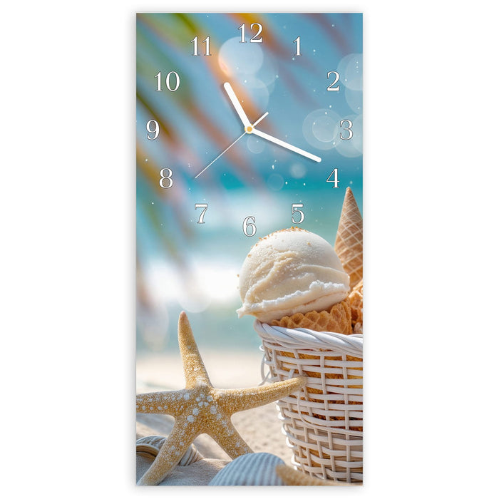 Wanduhr Sommer Eiskörbchen aus Glas – Hochformat 30 × 60 cm mit Ziffernblatt Klassisch
