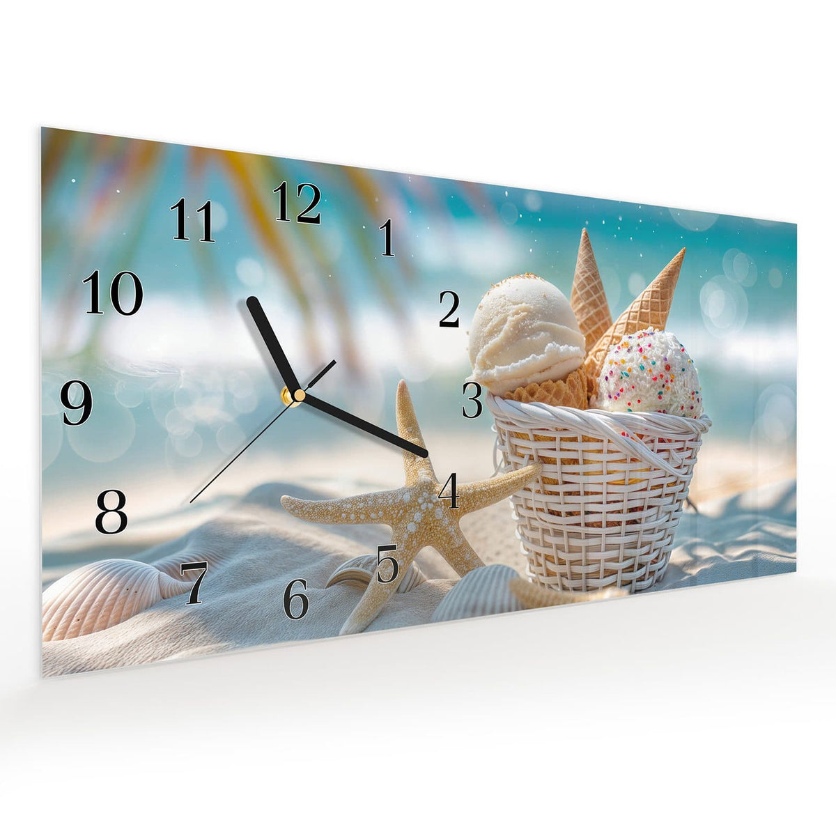 Vormontiert – mit Schwebeeffekt – Wanduhr Sommer Eiskörbchen aus Glas – Querformat 60 × 30 cm