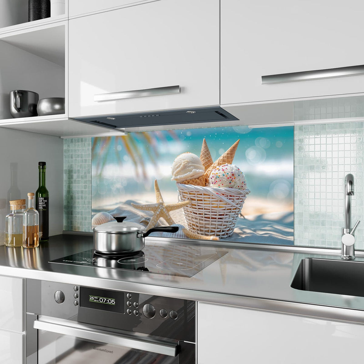 Küchenrückwand aus Glas Eiskugeln am Strand im Hochformat als Spritzschutz hinter dem Kochfeld, über dem Fliesenspiegel montiert