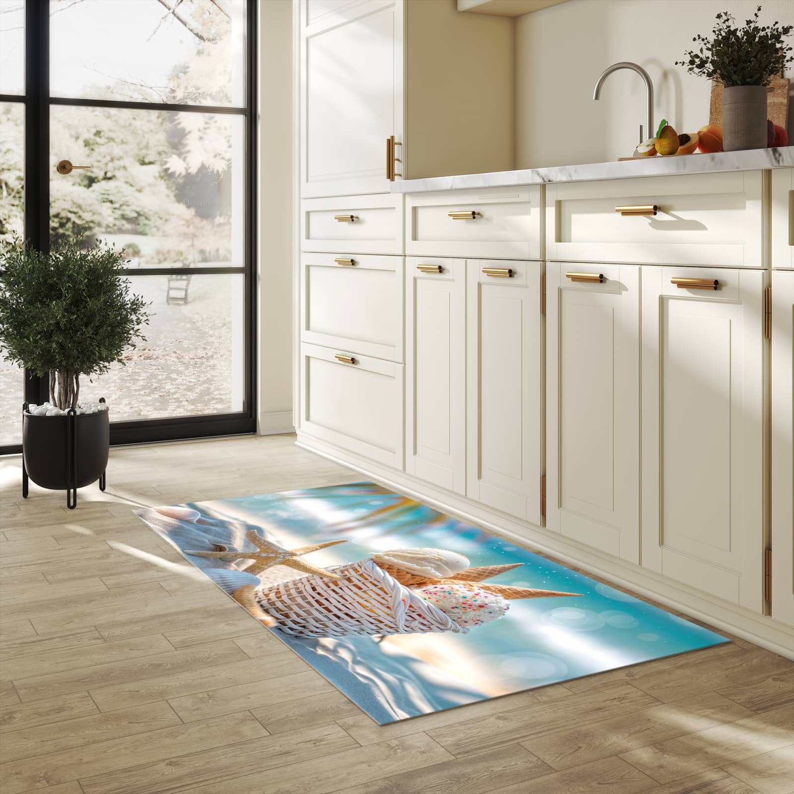 Abwaschbarer Küchenläufer mit Motiv Sommer Eiskörbchen in heller Küche für angenehme Haptik