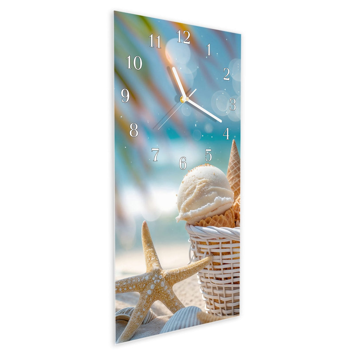Vormontiert – mit Schwebeeffekt – Wanduhr Sommer Eiskörbchen aus Glas – Hochformat 30 × 60 cm