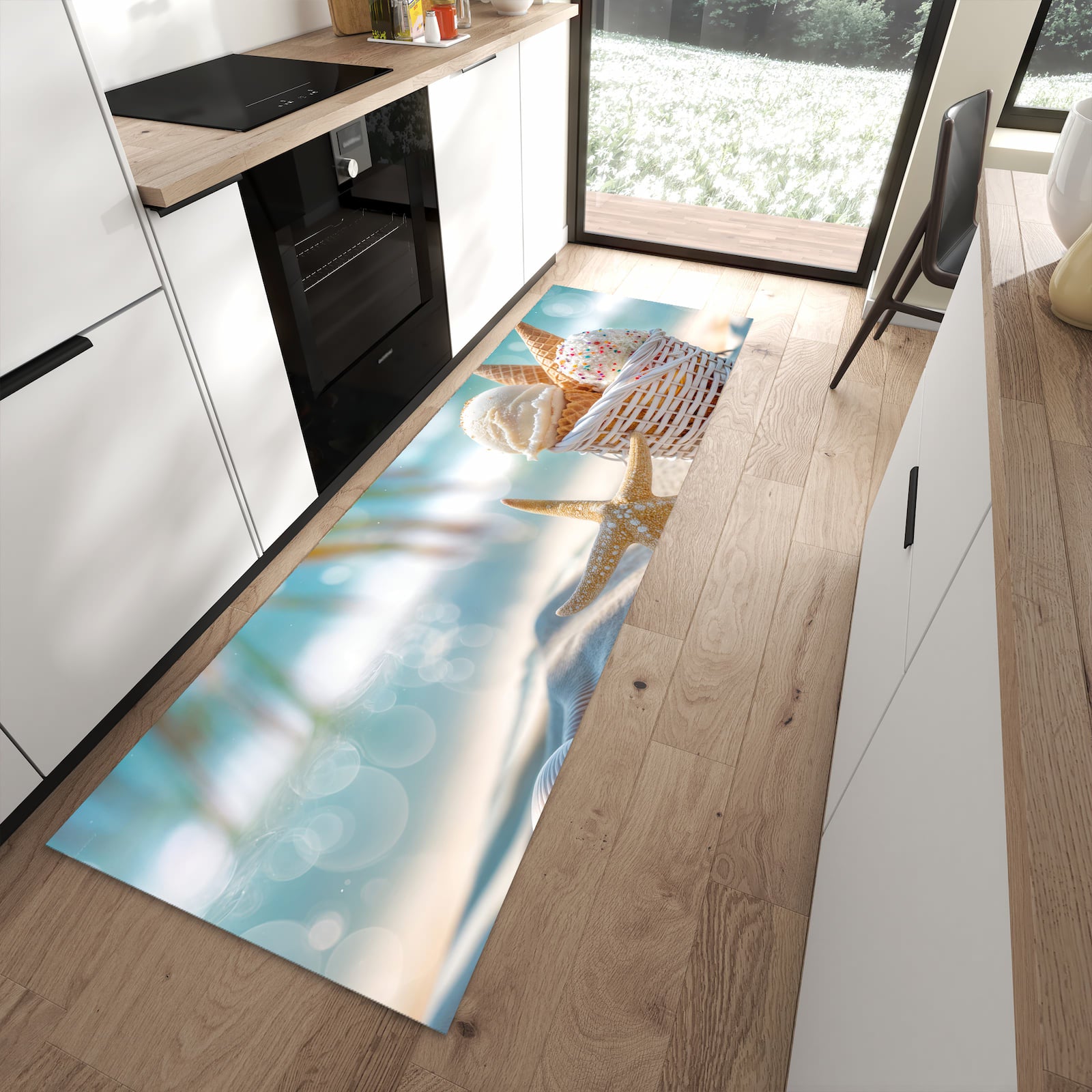 Farbbeständiger waschbarer Küchenläufer mit Motiv Sommer Eiskörbchen in moderner Küche