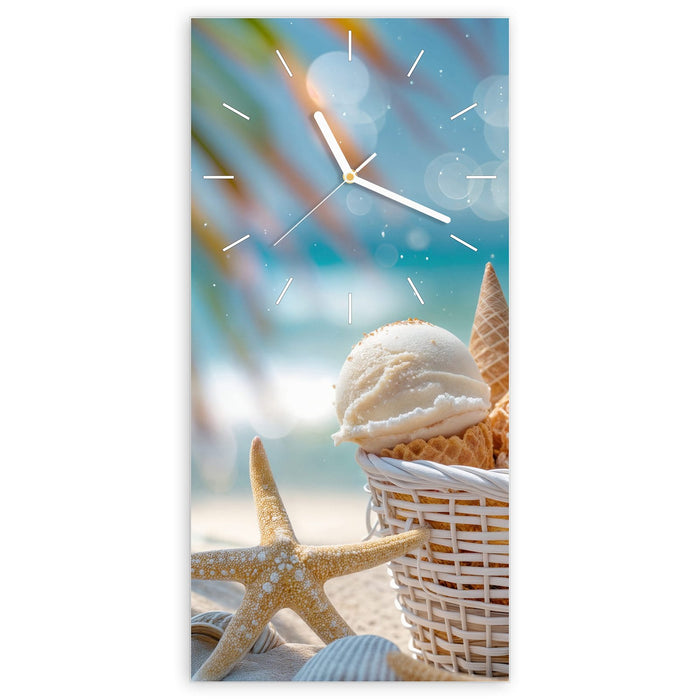 Wanduhr Sommer Eiskörbchen aus Glas – Hochformat 30 × 60 cm mit Ziffernblatt Linie