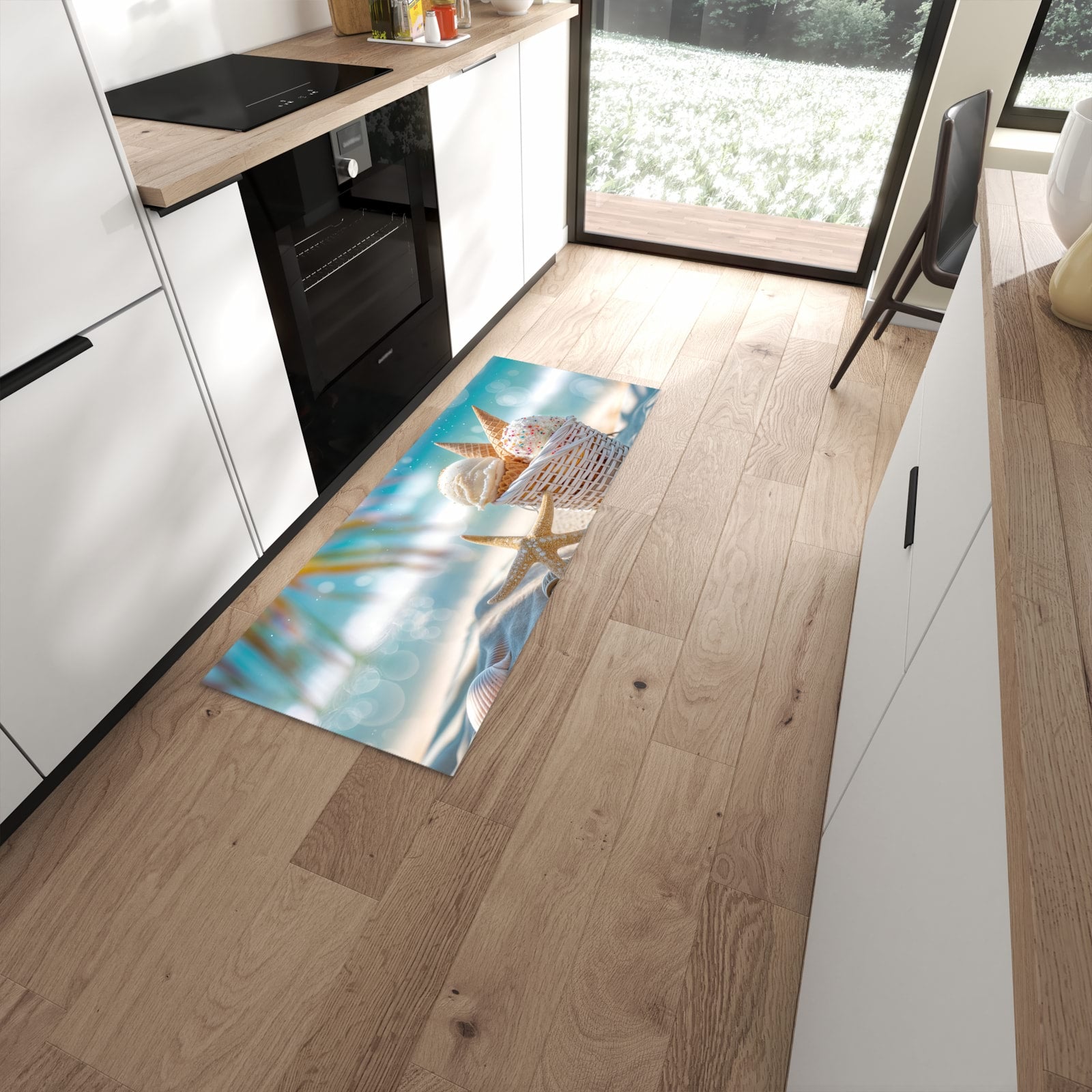 Waschbarer Küchenteppich mit Motiv Sommer Eiskörbchen in moderner Küche #grösse_60 x 150 cm