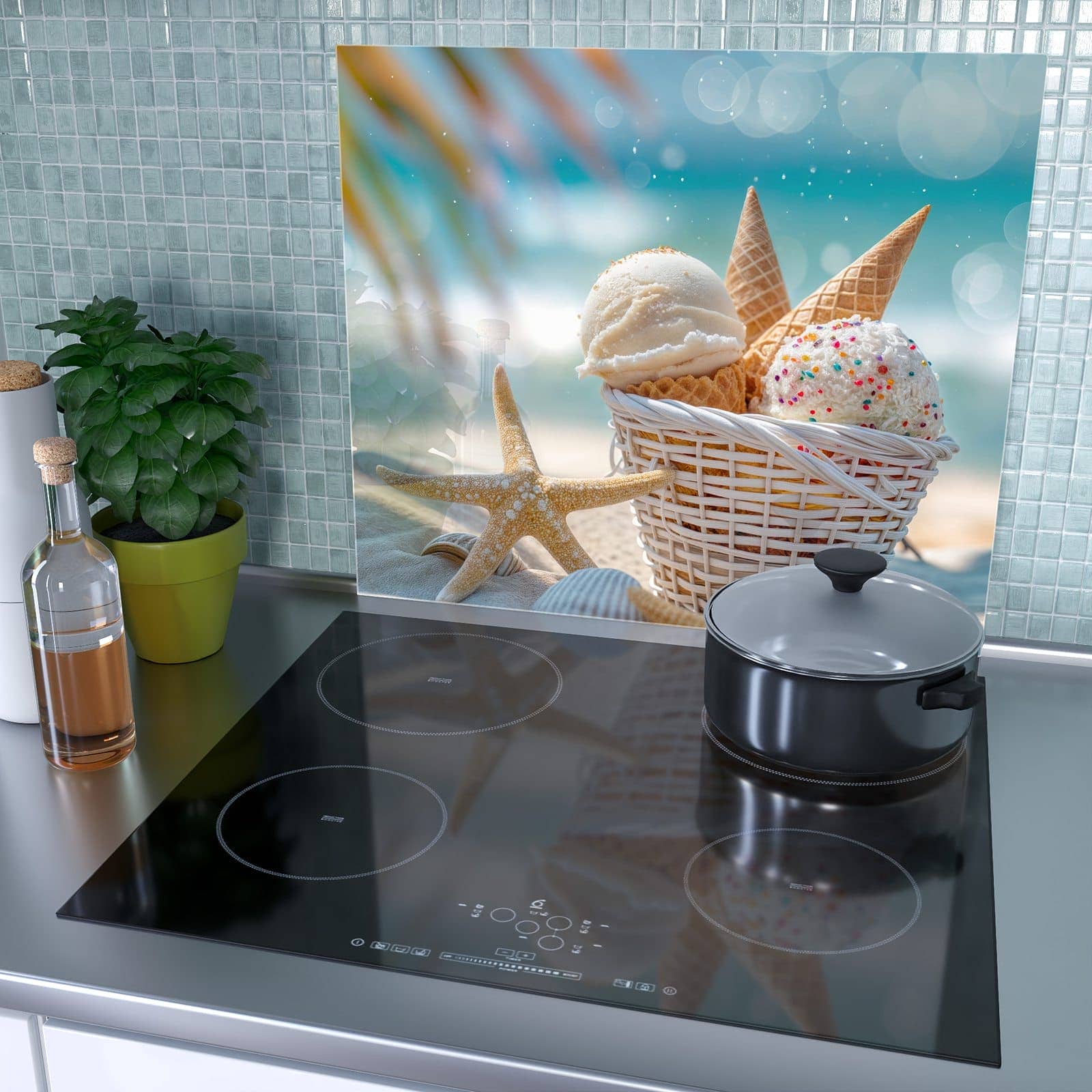 1-teilige Herdabdeckplatten aus Glas mit Sommer Eiskörbchen-Motiv als Spritzschutz hinter dem Kochfeld