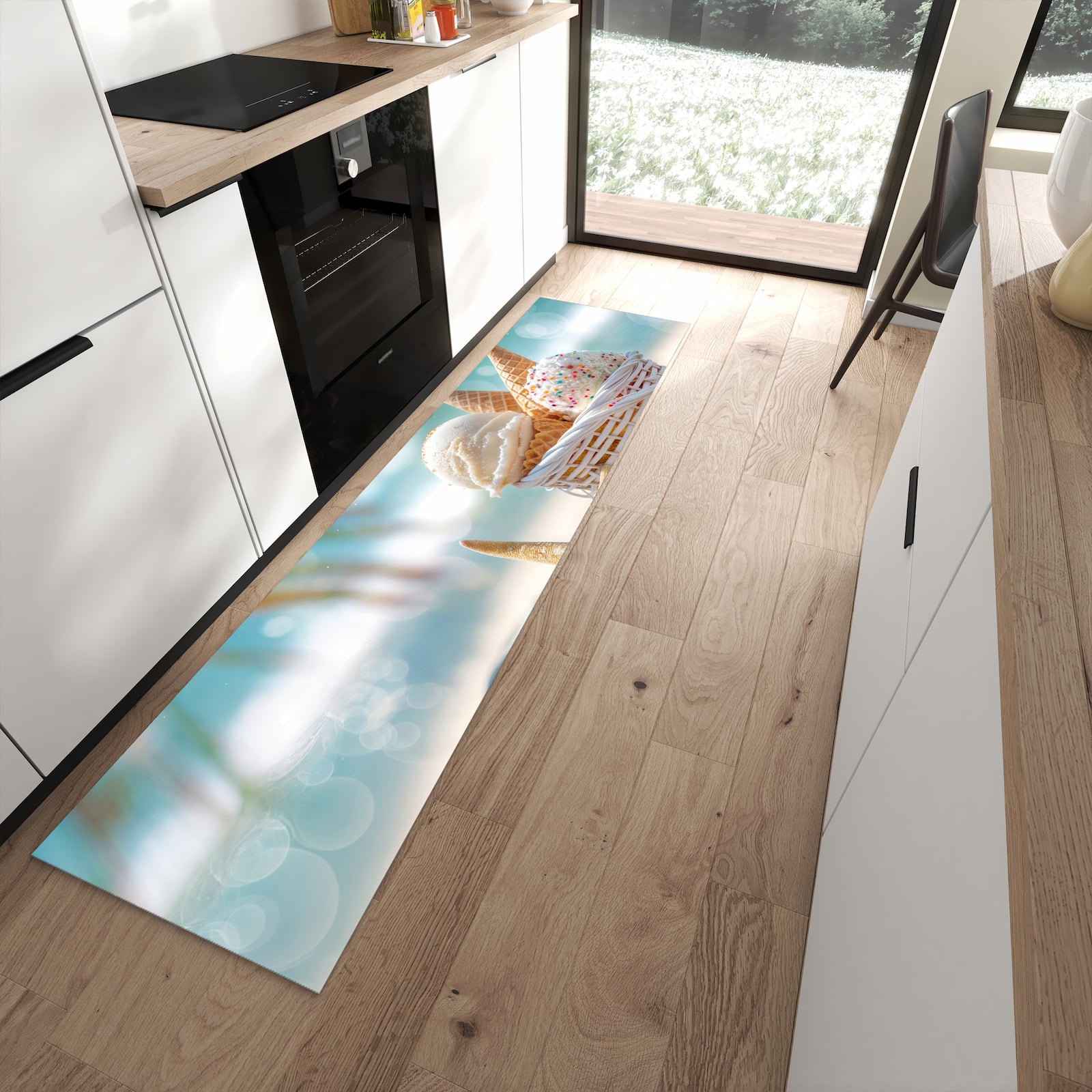 Rutschfester Küchenläufer mit Motiv Sommer Eiskörbchen in moderner Küche