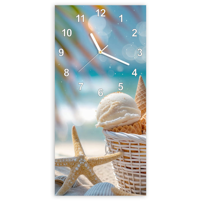 Wanduhr Sommer Eiskörbchen aus Glas – Hochformat 30 × 60 cm mit Ziffernblatt Modern