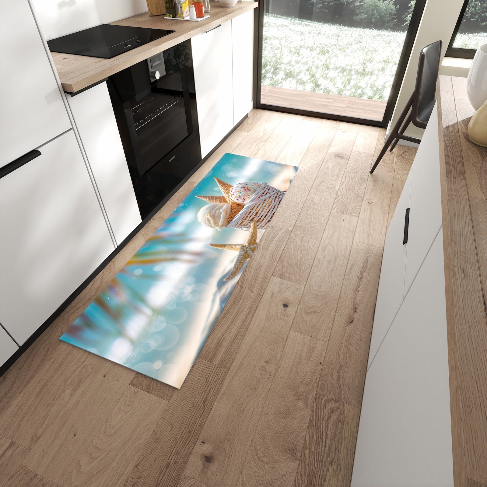 Langlebiger Küchenläufer mit Motiv Sommer Eiskörbchen in moderner Küche