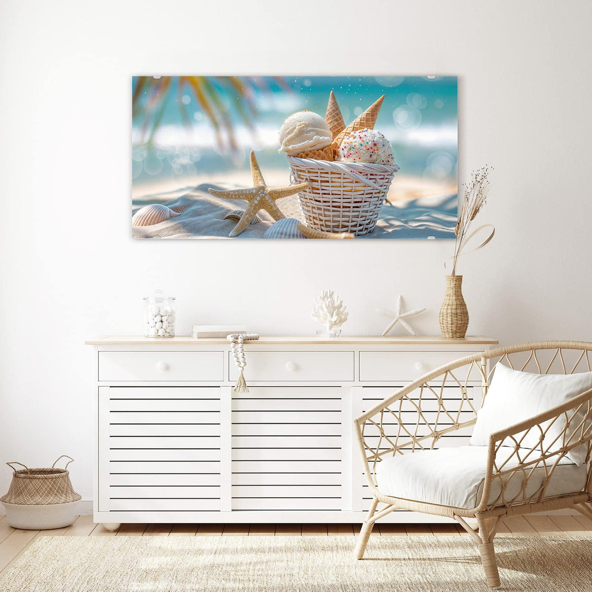 Echtglas, 4 mm – kein Acryl, keine Folie – Wandbild - Eiskugeln am Strand - Querformat