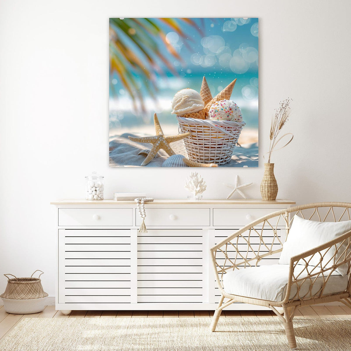 Echtglas, 4 mm – kein Acryl, keine Folie – Wandbild - Eiskugeln am Strand - Quadratisch