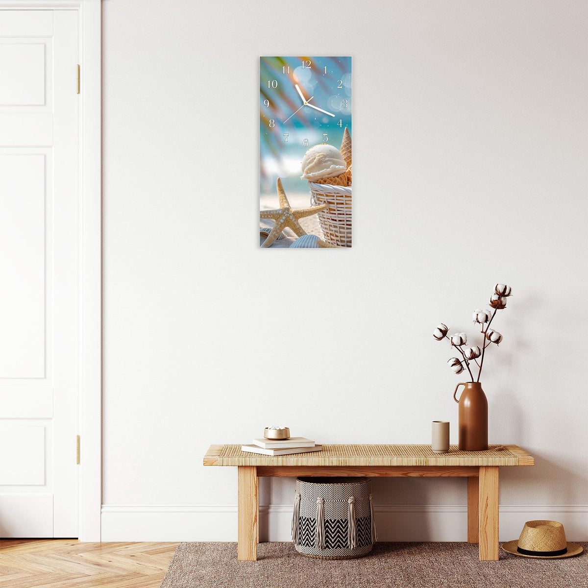 Moderne Wanduhr aus Glas mit Farbtiefe – Wanduhr Sommer Eiskörbchen aus Glas – Hochformat 30 × 60 cm