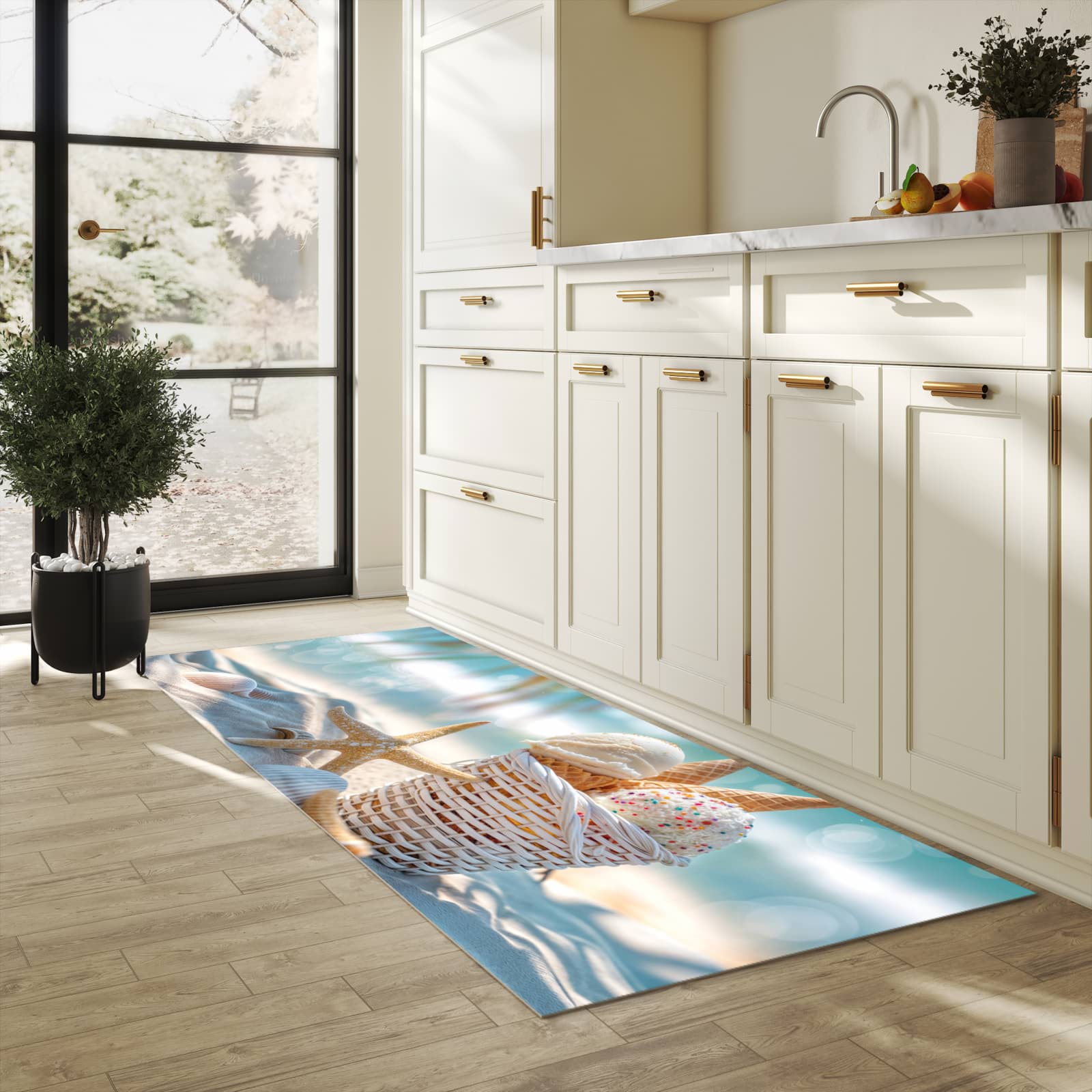 Hygienischer Küchenteppich mit Motiv Sommer Eiskörbchen in heller Küche - abwaschbar