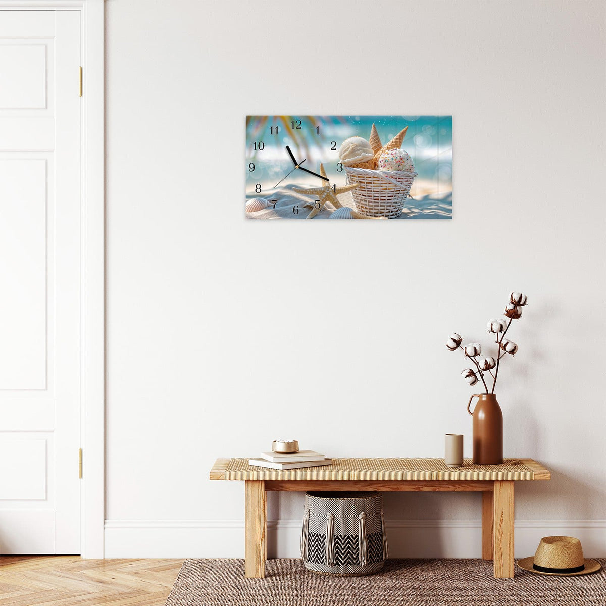 Moderne Wanduhr aus Glas mit Farbtiefe – Wanduhr Sommer Eiskörbchen aus Glas – Querformat 60 × 30 cm