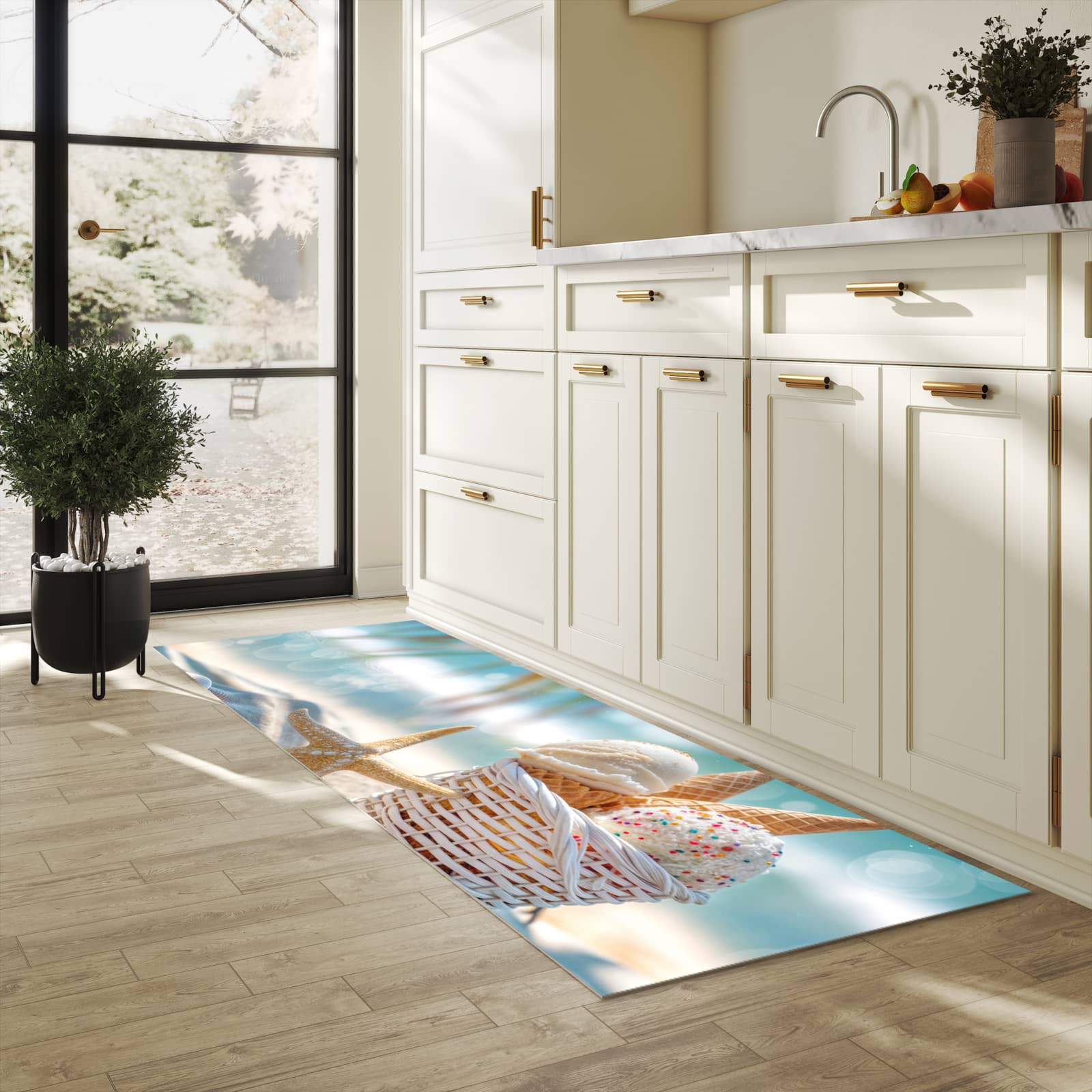 Komfortabler Küchenläufer nach Maß mit Motiv Sommer Eiskörbchen in heller Küche