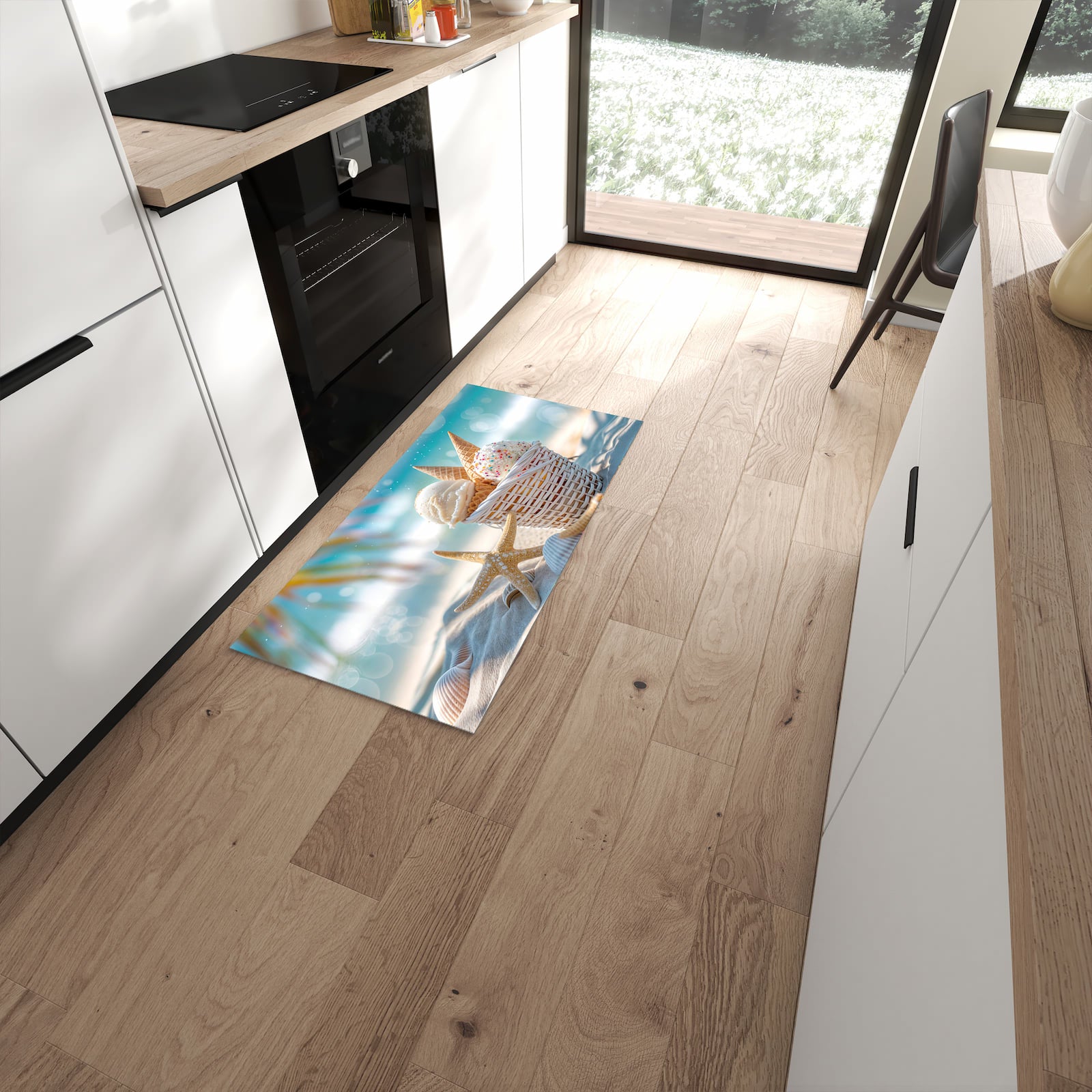 Strapazierfähiger rutschfester Küchenteppich mit Motiv Sommer Eiskörbchen in moderner Küche #grösse_60 x 120 cm