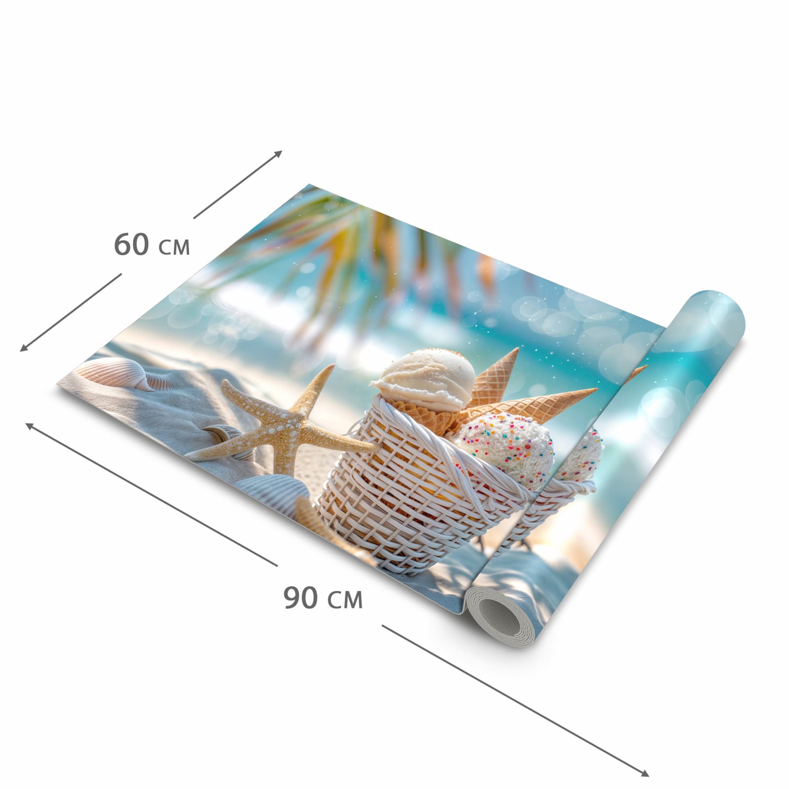 Bodenschonender waschbarer Teppich fürs Esszimmer mit Motiv Sommer Eiskörbchen in der Grösse 60x150 cm
