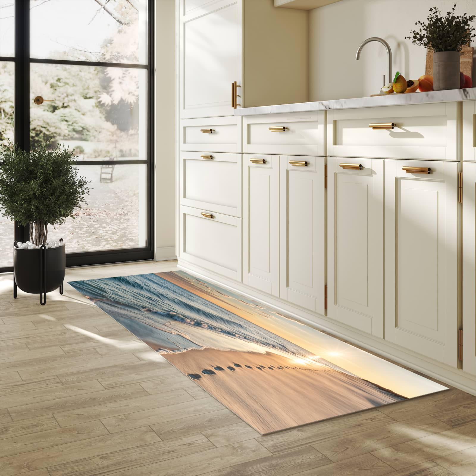 Waschbarer Küchenteppich mit Motiv Strandspuren in heller Küche für sichere Aufbewahrung