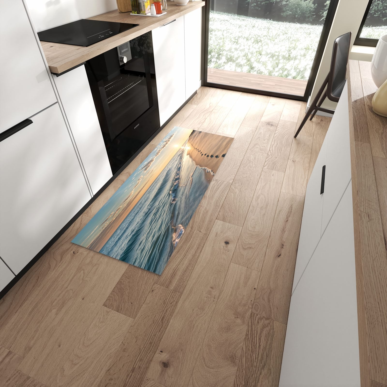 Wasserabweisender Teppich für Esstisch mit Motiv Strandspuren in moderner Küche #grösse_60 x 150 cm