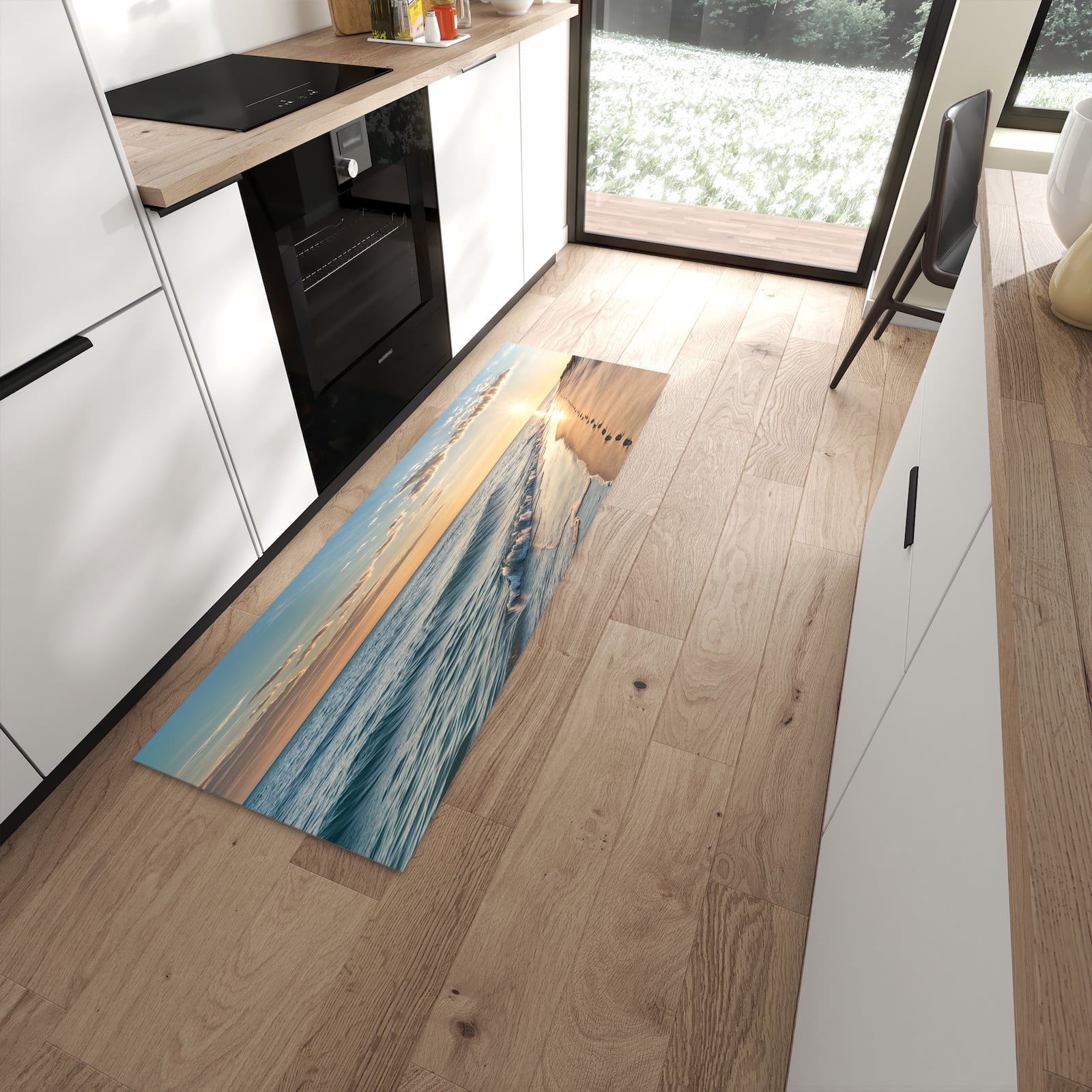 Fleckenresistenter rutschfester Küchenteppich mit Motiv Strandspuren in moderner Küche