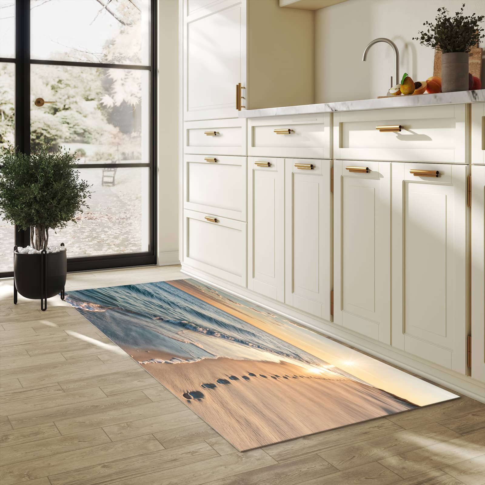 UV-beständiger Küchenläufer mit Motiv Strandspuren in heller Küche