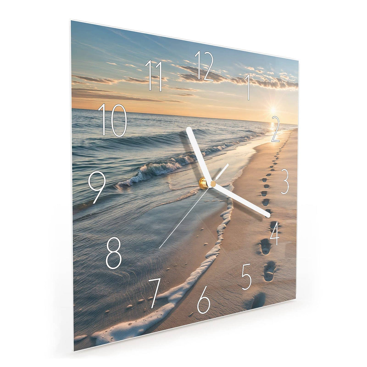 Quadratische Wanduhr aus Glas Spuren im Sand schräg von der Seite, 4 mm starkes Glas
