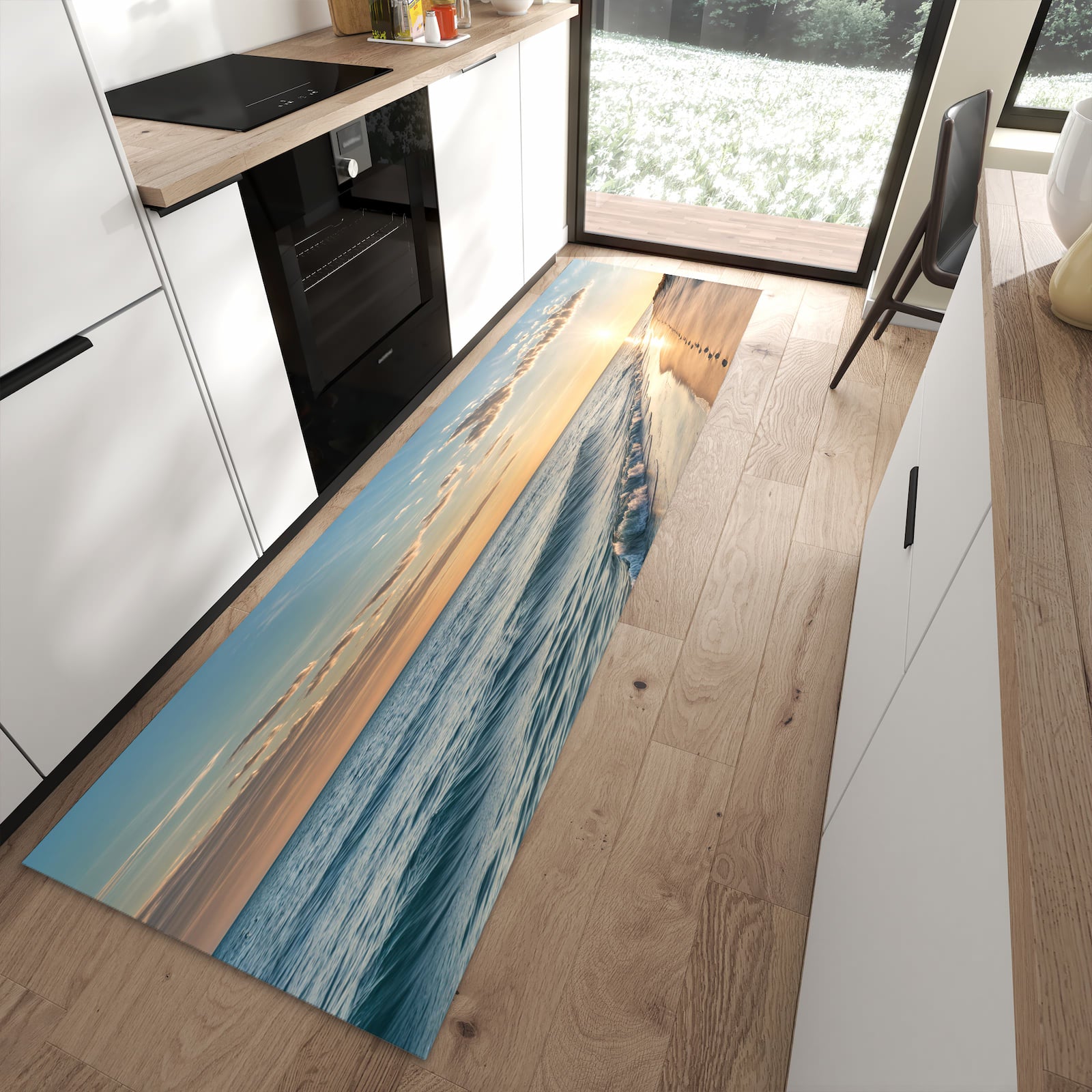 Rutschfester Küchenteppich mit Motiv Strandspuren in moderner Küche