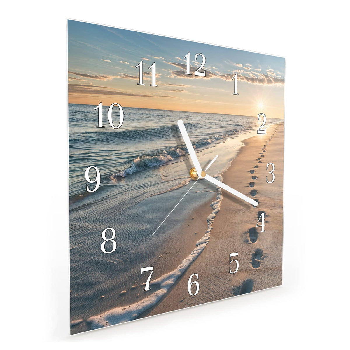 Quadratische Wanduhr aus Glas Spuren im Sand schräg von der Seite, 4 mm starkes Glas