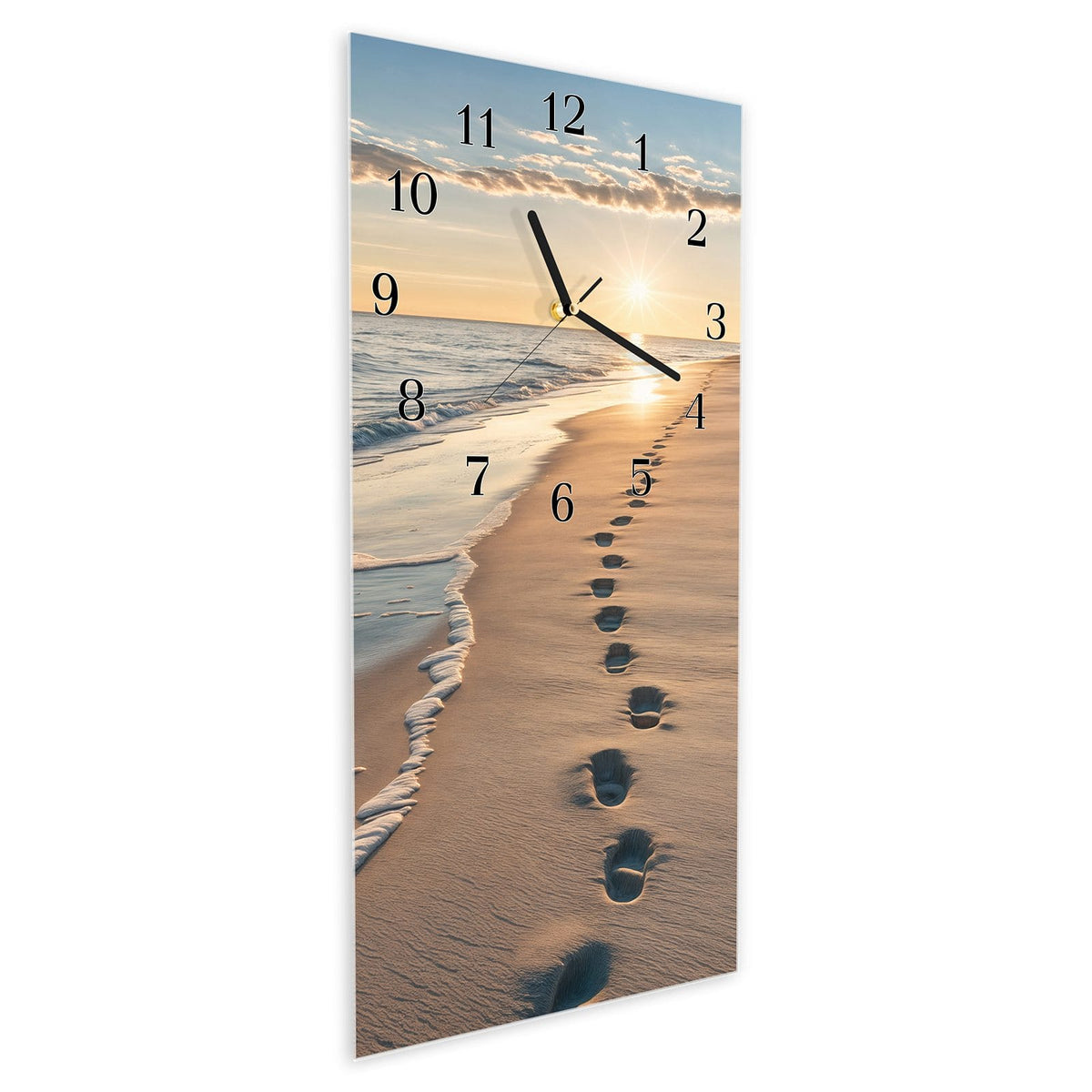 Vormontiert – mit Schwebeeffekt – Wanduhr Strandspuren aus Glas – Hochformat 30 × 60 cm