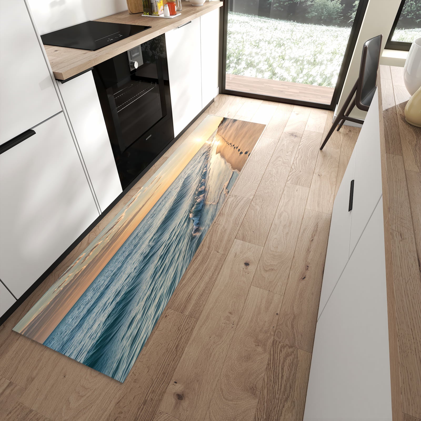 Schmutzabweisender Bodenläufer mit Motiv Strandspuren in moderner Küche