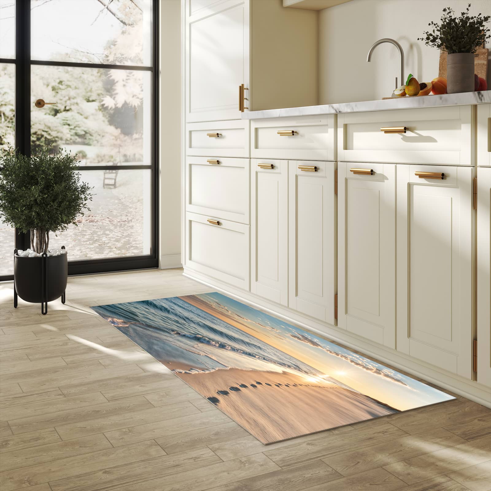Formstabiler waschbarer Küchenteppich mit Motiv Strandspuren in heller Küche