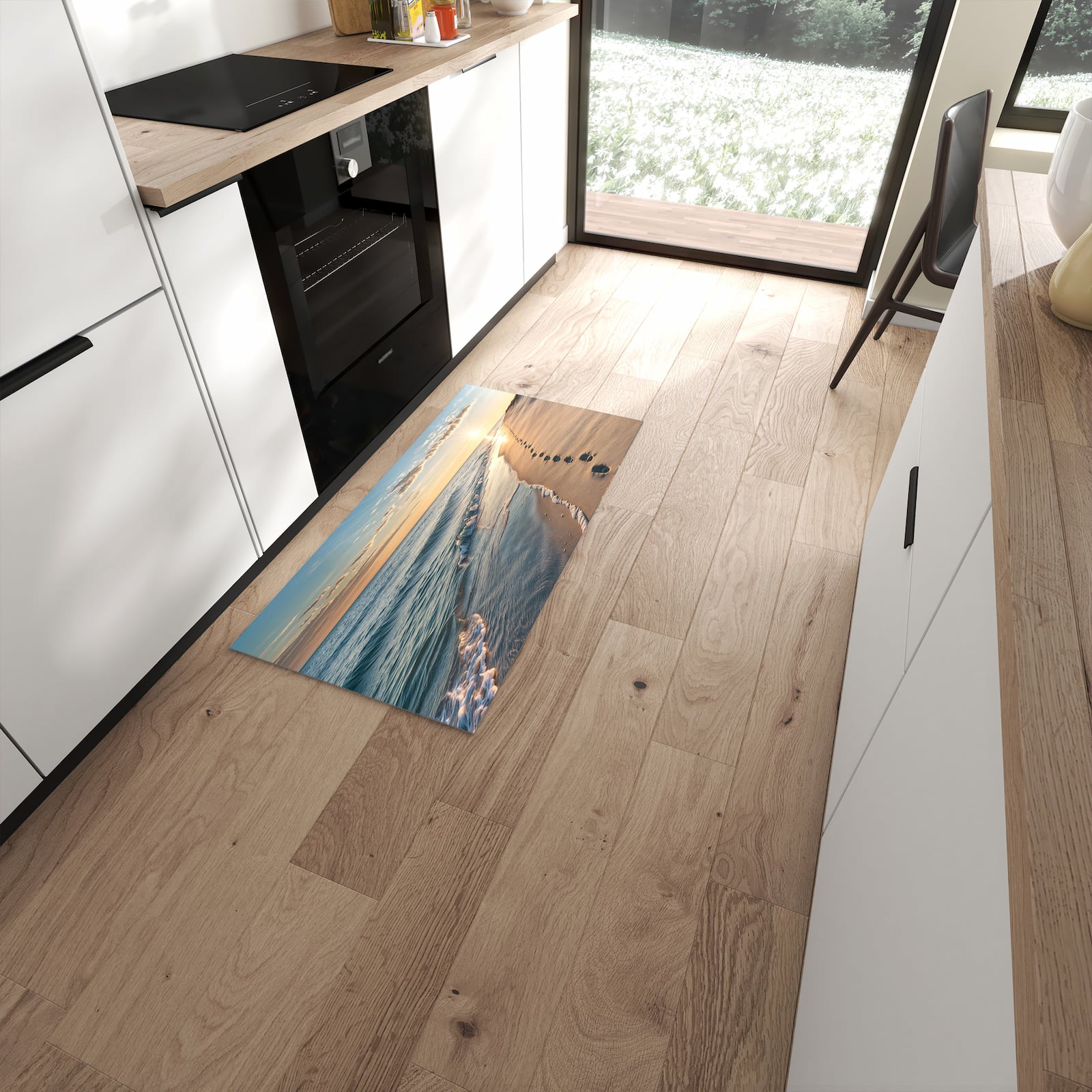 Küchenteppich mit Motiv Strandspuren für Trittkomfort in moderner Küche, waschbar #grösse_60 x 120 cm