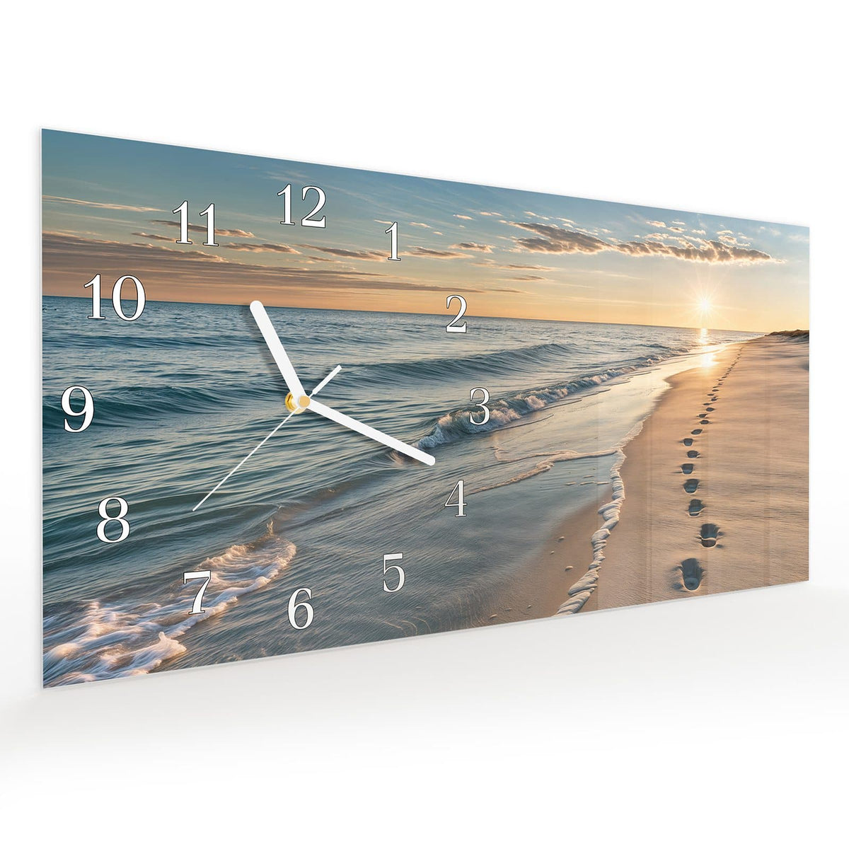 Vormontiert – mit Schwebeeffekt – Wanduhr Strandspuren aus Glas – Querformat 60 × 30 cm