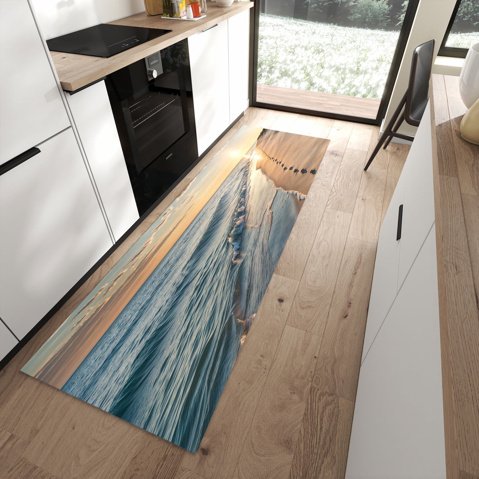 Komfortabler rutschfester Küchenteppich mit Motiv Strandspuren in moderner Küche