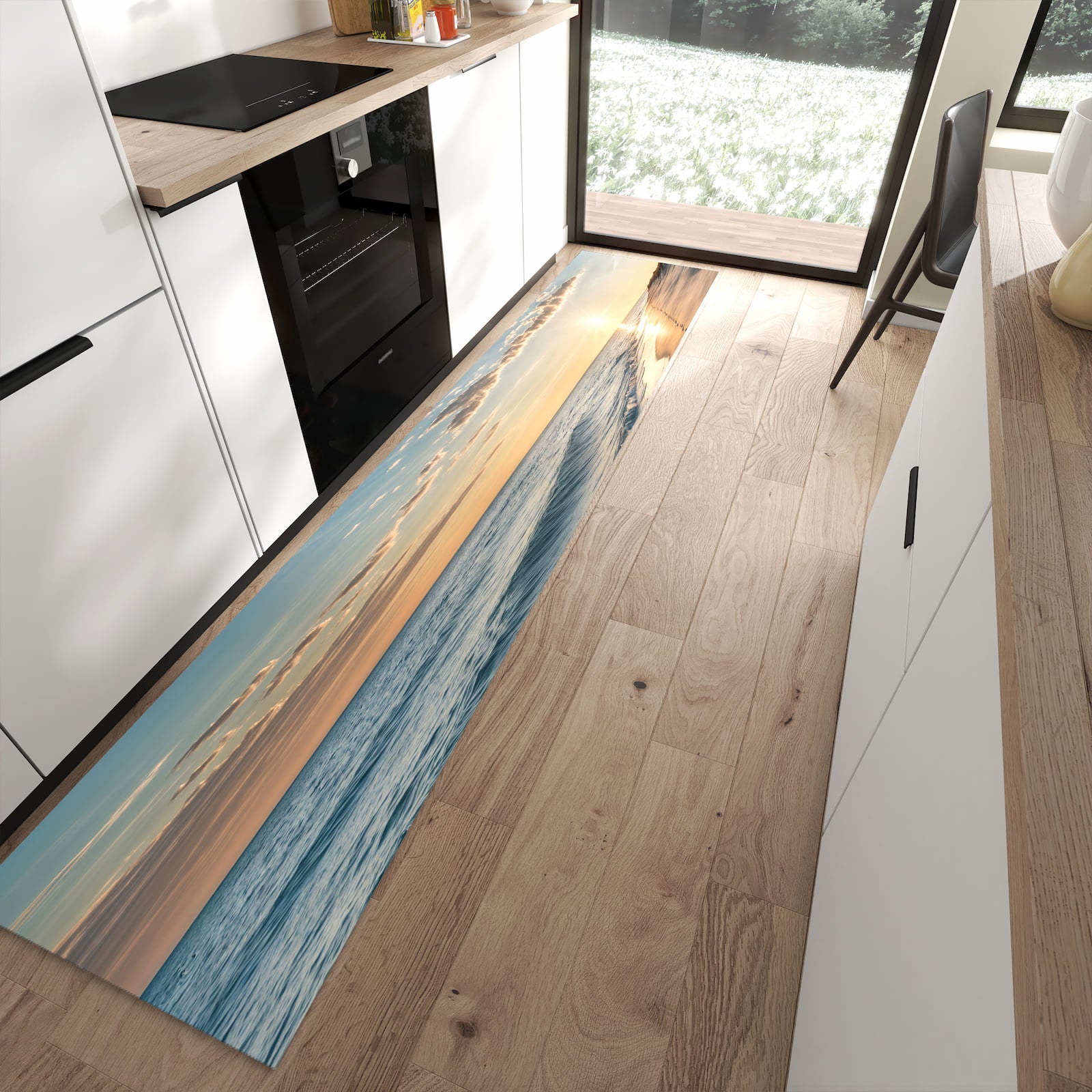 Langlebiger Küchenteppich mit Motiv Strandspuren in moderner Küche