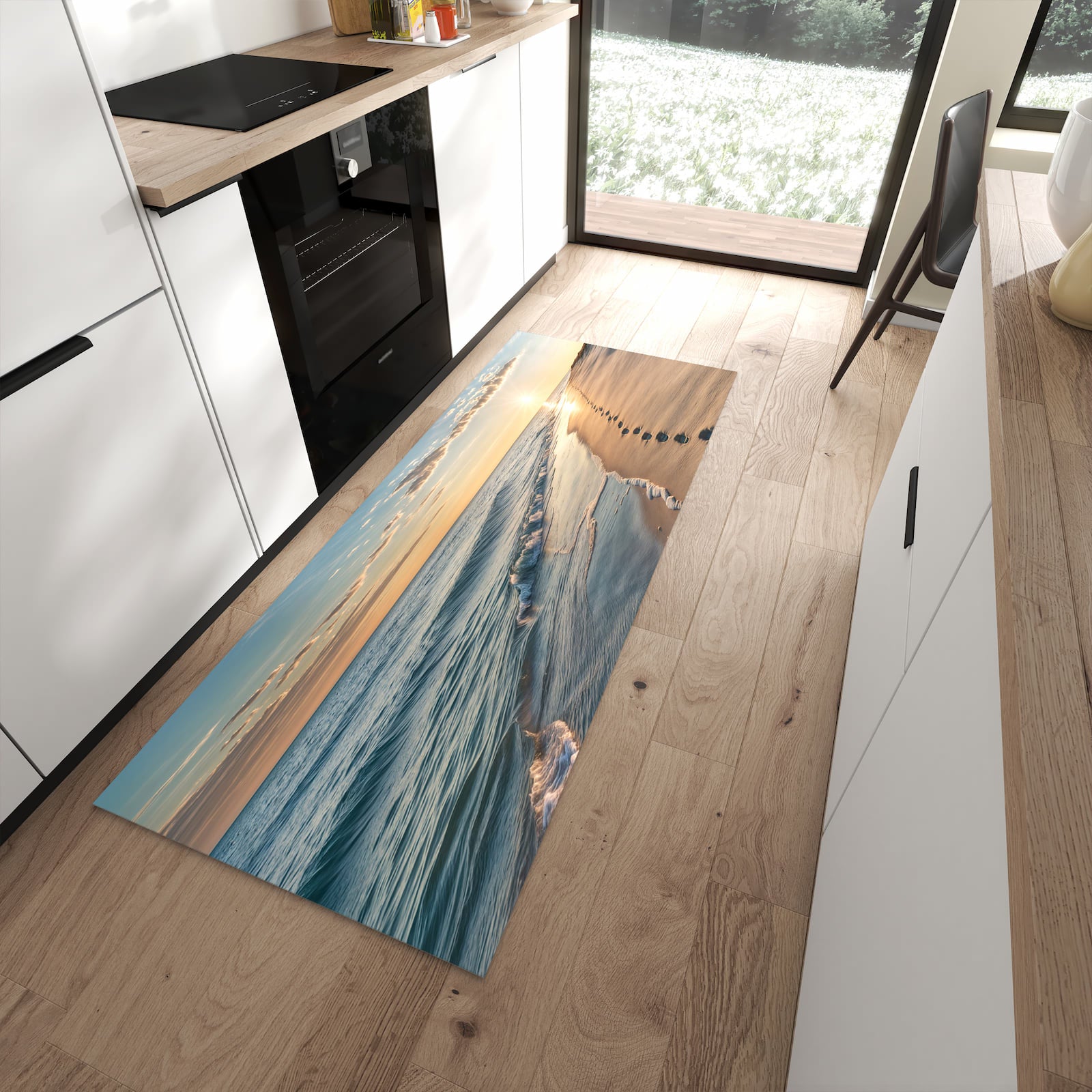 Pflegeleichter Küchenteppich mit Motiv Strandspuren in moderner Küche