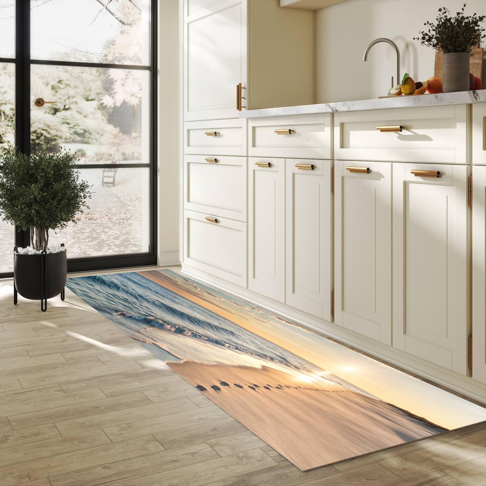 Geräuschdämpfender rutschfester Küchenteppich mit Motiv Strandspuren in heller Küche